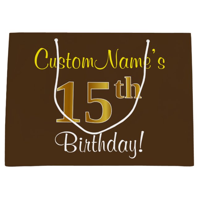 Elegant, Brown, Faux Gold 15th Birthday + Name Large Gift Bag (Front)