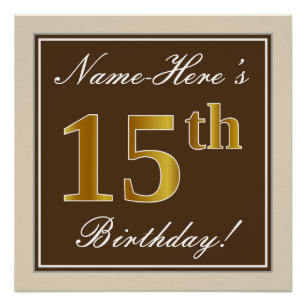 Elegant, Brown, Faux Gold 15th Birthday + Name Poster