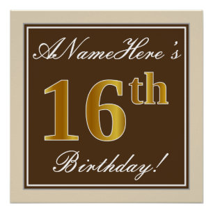 Elegant, Brown, Faux Gold 16th Birthday + Name Poster