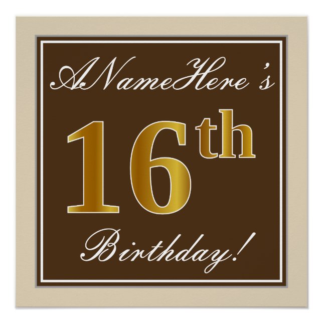 Elegant, Brown, Faux Gold 16th Birthday + Name Poster (Front)