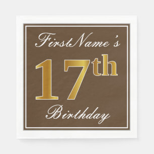 Elegant Brown, Faux Gold 17th Birthday + Name Napkin