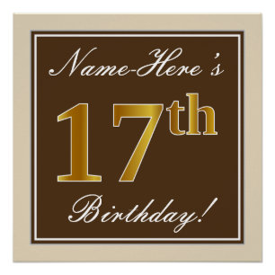 Elegant, Brown, Faux Gold 17th Birthday + Name Poster