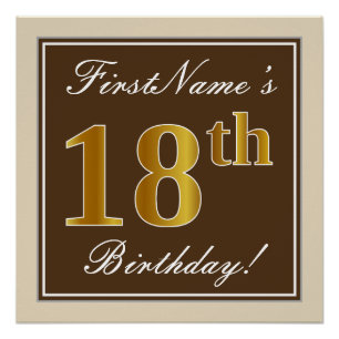 Elegant, Brown, Faux Gold 18th Birthday + Name Poster