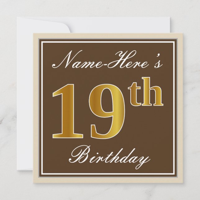 Elegant, Brown, Faux Gold 19th Birthday + Name Invitation (Front)