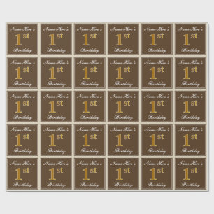 Elegant, Brown, Faux Gold 1st Birthday + Name Wrapping Paper