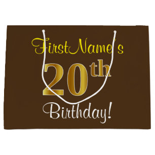 Elegant, Brown, Faux Gold 20th Birthday + Name Large Gift Bag
