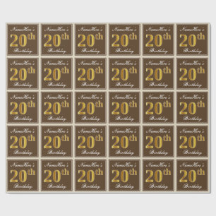 Elegant, Brown, Faux Gold 20th Birthday + Name Wrapping Paper