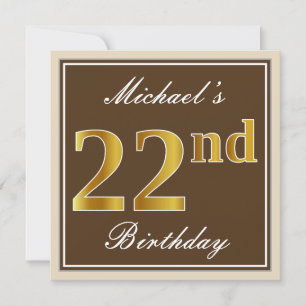 Elegant, Brown, Faux Gold 22nd Birthday + Name Invitation