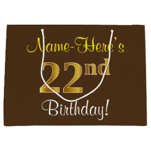 Elegant, Brown, Faux Gold 22nd Birthday + Name Large Gift Bag