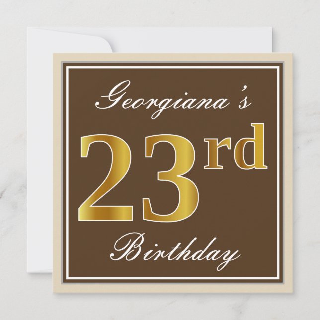 Elegant, Brown, Faux Gold 23rd Birthday + Name Invitation (Front)