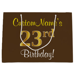 Elegant, Brown, Faux Gold 23rd Birthday + Name Large Gift Bag