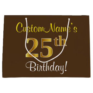 Elegant, Brown, Faux Gold 25th Birthday + Name Large Gift Bag