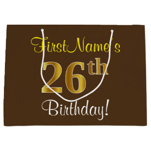 Elegant, Brown, Faux Gold 26th Birthday + Name Large Gift Bag