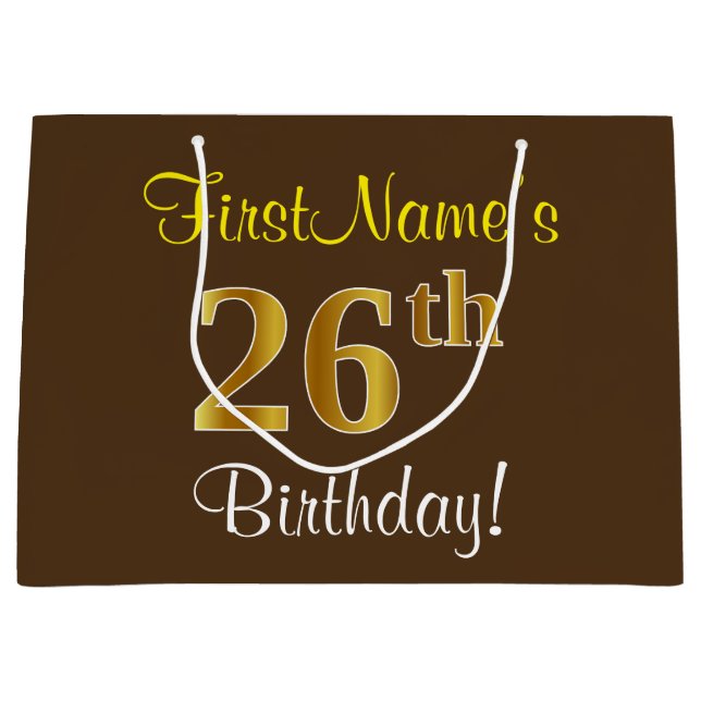Elegant, Brown, Faux Gold 26th Birthday + Name Large Gift Bag (Front)