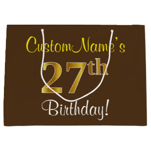 Elegant, Brown, Faux Gold 27th Birthday + Name Large Gift Bag