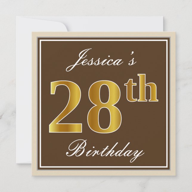 Elegant, Brown, Faux Gold 28th Birthday + Name Invitation (Front)