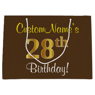 Elegant, Brown, Faux Gold 28th Birthday + Name Large Gift Bag