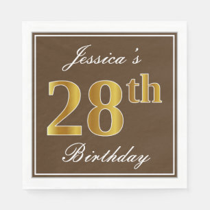 Elegant Brown, Faux Gold 28th Birthday + Name Napkin