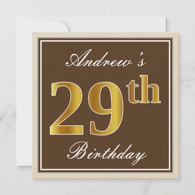 Elegant, Brown, Faux Gold 29th Birthday + Name Invitation (Front)