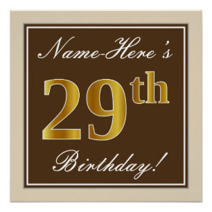 Elegant, Brown, Faux Gold 29th Birthday + Name Poster