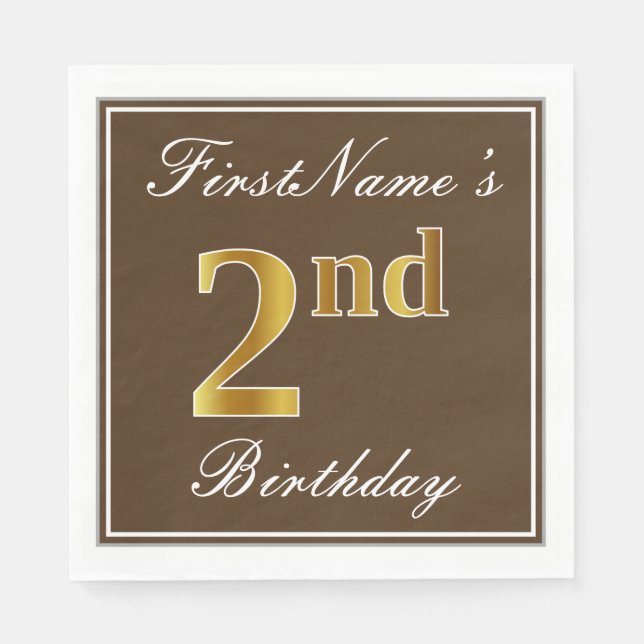 Elegant Brown, Faux Gold 2nd Birthday; Custom Name Napkin (Front)