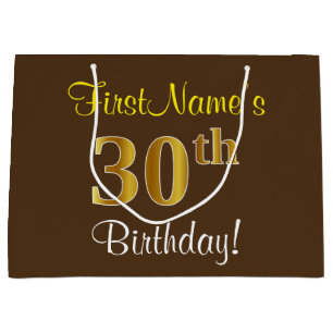Elegant, Brown, Faux Gold 30th Birthday + Name Large Gift Bag