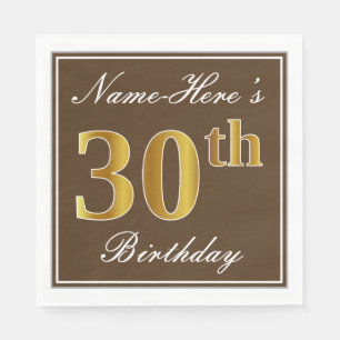 Elegant Brown, Faux Gold 30th Birthday + Name Napkin