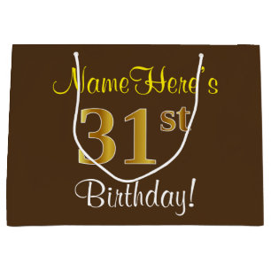 Elegant, Brown, Faux Gold 31st Birthday + Name Large Gift Bag