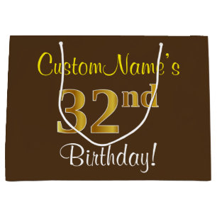 Elegant, Brown, Faux Gold 32nd Birthday + Name Large Gift Bag