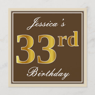 Elegant, Brown, Faux Gold 33rd Birthday + Name Invitation