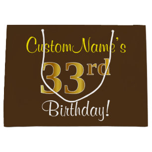 Elegant, Brown, Faux Gold 33rd Birthday + Name Large Gift Bag