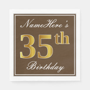 Elegant Brown, Faux Gold 35th Birthday + Name Napkin