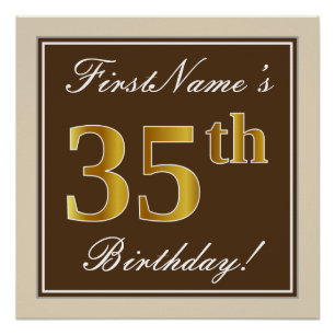 Elegant, Brown, Faux Gold 35th Birthday + Name Poster