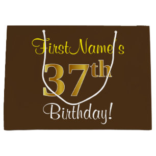 Elegant, Brown, Faux Gold 37th Birthday + Name Large Gift Bag