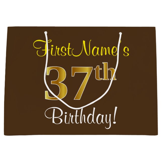 Elegant, Brown, Faux Gold 37th Birthday + Name Large Gift Bag (Front)