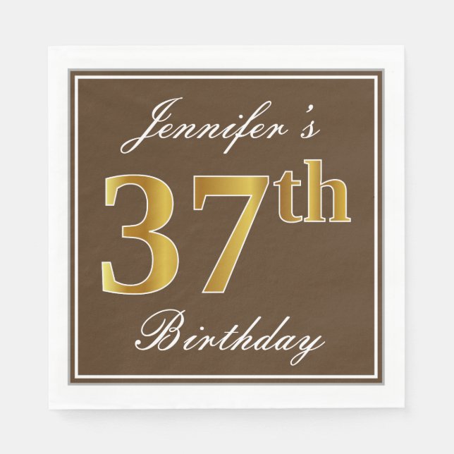 Elegant Brown, Faux Gold 37th Birthday + Name Napkin (Front)