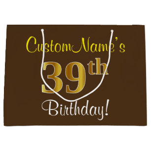 Elegant, Brown, Faux Gold 39th Birthday + Name Large Gift Bag