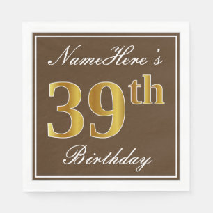 Elegant Brown, Faux Gold 39th Birthday + Name Napkin