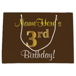 Elegant, Brown, Faux Gold 3rd Birthday + Name Large Gift Bag