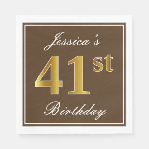 Elegant Brown, Faux Gold 41st Birthday + Name Napkin