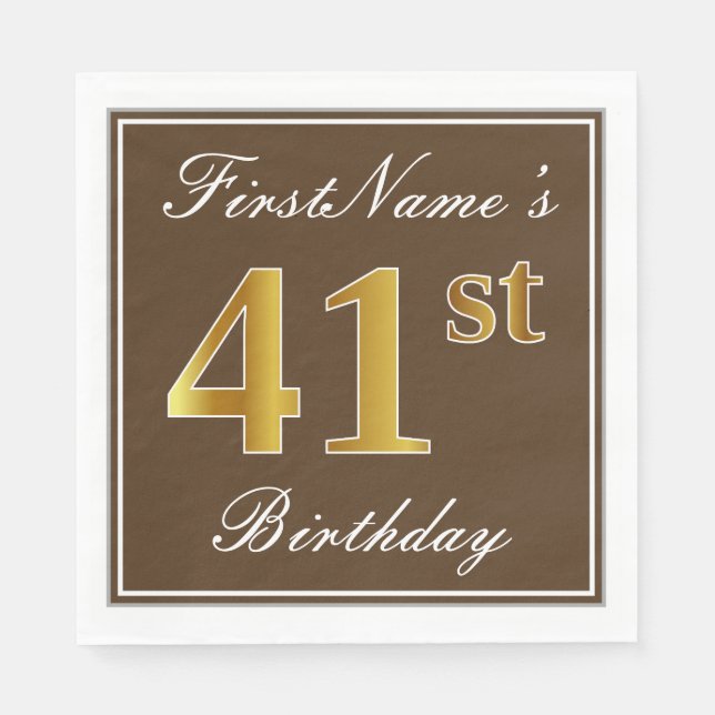 Elegant Brown, Faux Gold 41st Birthday + Name Napkin (Front)