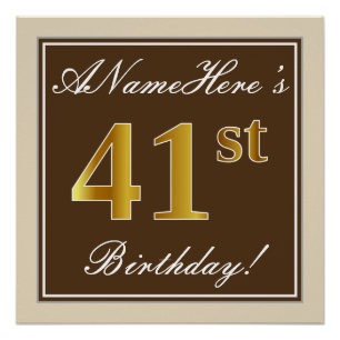 Elegant, Brown, Faux Gold 41st Birthday + Name Poster