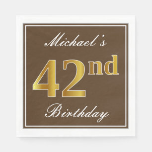 Elegant Brown, Faux Gold 42nd Birthday + Name Napkin