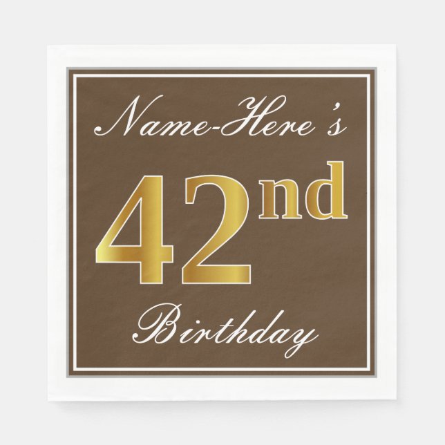 Elegant Brown, Faux Gold 42nd Birthday + Name Napkin (Front)