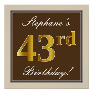 Elegant, Brown, Faux Gold 43rd Birthday + Name Poster