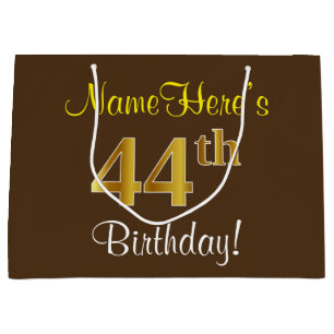 Elegant, Brown, Faux Gold 44th Birthday + Name Large Gift Bag