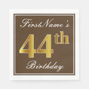 Elegant Brown, Faux Gold 44th Birthday + Name Napkin