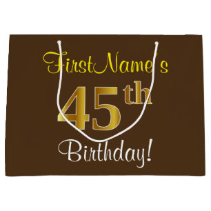 Elegant, Brown, Faux Gold 45th Birthday + Name Large Gift Bag