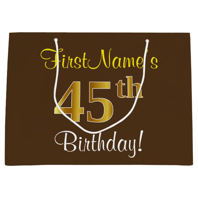 Elegant, Brown, Faux Gold 45th Birthday + Name Large Gift Bag (Front)
