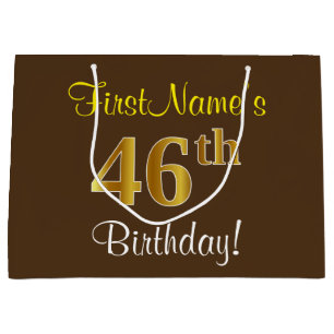 Elegant, Brown, Faux Gold 46th Birthday + Name Large Gift Bag